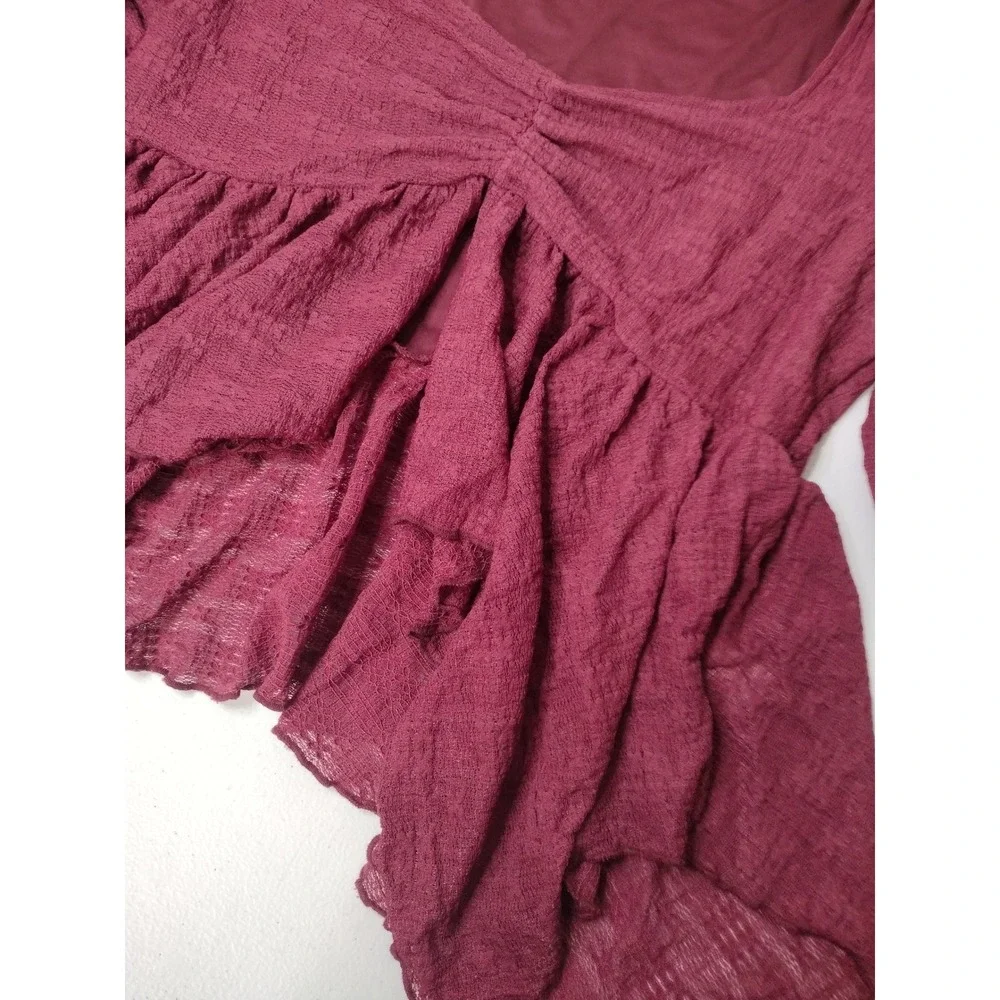 Truth Be Told Burgundy Peplum Top Long Sleeve Textured Ruffle Hem Women Large